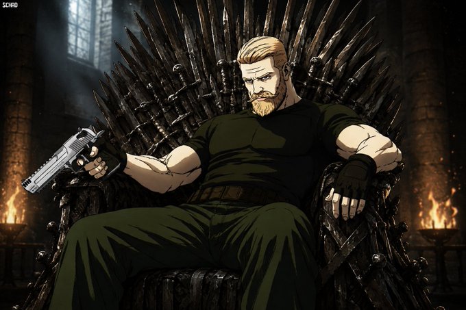 A blonde, bearded muscular man in tactical black clothing sits on a throne of swords, holding a pistol, embodying the "$CHAD" meme referenced in the post about claiming the throne.