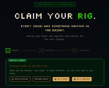 A retro pixel-art interface displays "CLAIM YOUR RIG" with a verification form indicating "0 NFT MINTED // HOLDERS ONLY" and an error message reading "NOTHING FOUND IN 0xF358.f290," referencing The Saudis NFT collection's minting process for holders.