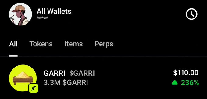 A cryptocurrency wallet interface displays a token called '$GARRI' priced at $110.00, showing a 236% green increase.