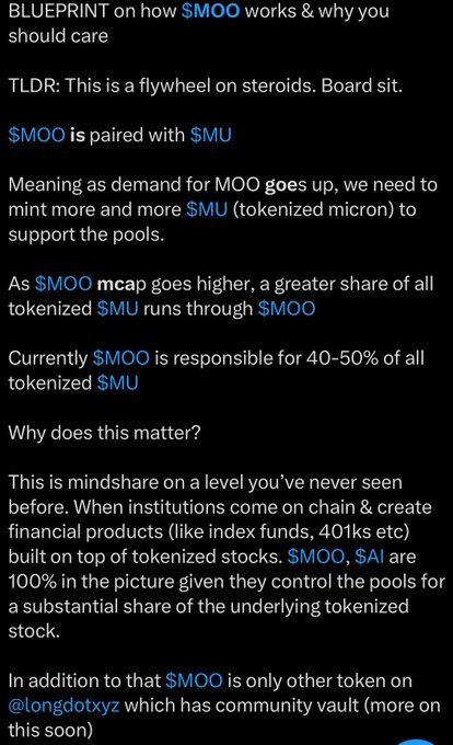 A text-based explainer outlines how $MOO tokenomics work through a "flywheel" mechanism, noting $MOO is paired with $MU (tokenized micron) and currently handles 40-50% of all tokenized $MU. The post suggests this isn't a typical memecoin, positioning $MOO as infrastructure-level value rather than hype-driven trading.