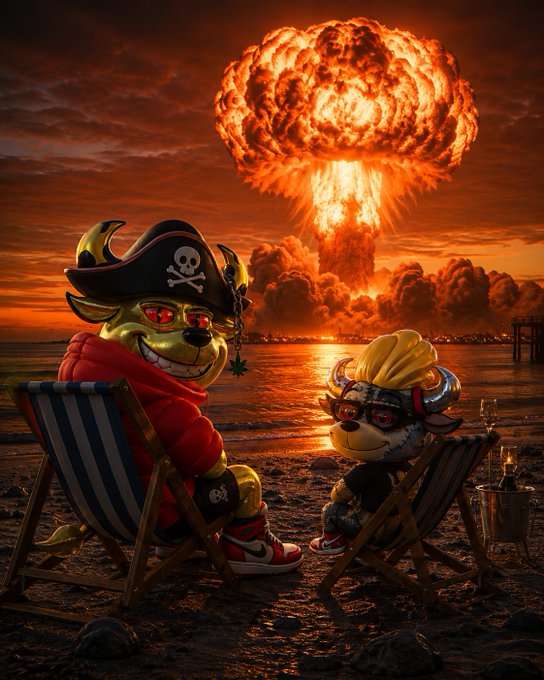 Two cartoonish characters—one dressed as a pirate in a tricorn hat and red hoodie, the other as a horned, goggle-wearing bull with blonde hair—relax in beach chairs on a shore while a massive nuclear mushroom cloud erupts in the background at sunset, perfectly capturing the post's "sit back, smile, and enjoy the show" sentiment.