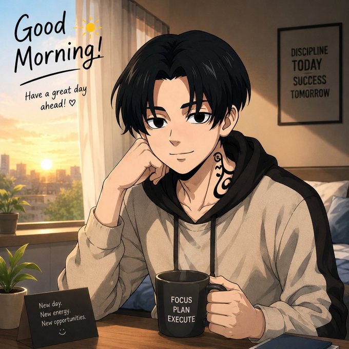 An anime-style 'Good Morning!' illustration of a man holding a mug reading 'FOCUS PLAN EXECUTE', with a framed 'DISCIPLINE TODAY SUCCESS TOMORROW' sign behind him.