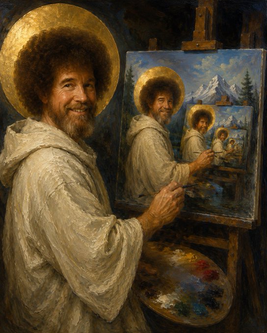 A bearded man with a curly afro and golden halo, dressed in a painter's smock, smiles as he paints a self-portrait on an easel, with the canvas showing a recursive image of himself painting, set against a snowy mountain landscape.

The caption "Bob Schmross" suggests this is a self-referential artwork where the artist humorously depicts himself as a saint-like figure creating an infinite loop of self-portraits.