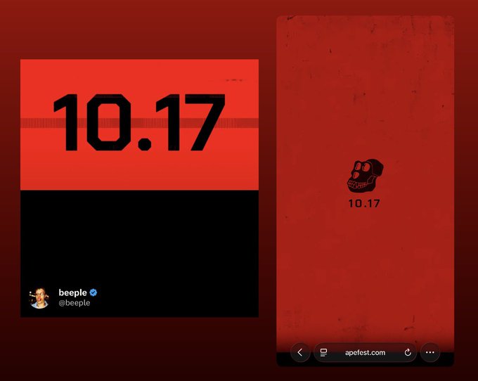 A red and black graphic design by artist Beeple (@beeple) shows the number '10.17' alongside a small skull icon, with a matching mobile view from apefest.com.