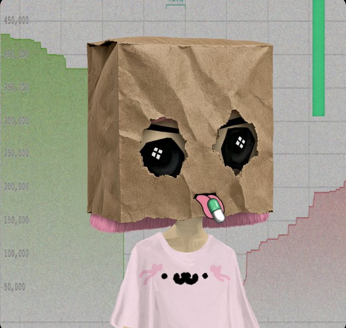A surreal digital artwork featuring a character wearing a crumpled brown paper bag over its head with circular cutouts revealing dark eyes with white dot pupils, a pink tongue sticking out with a green and white pill, and a pink shirt with a cute face design, set against a chart background with green and red areas.