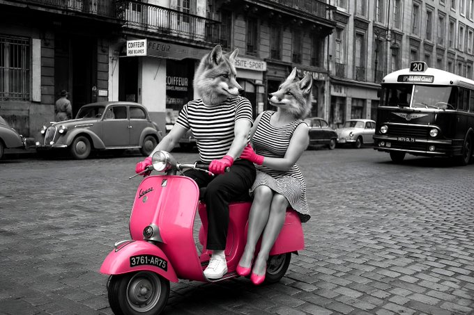 A man and woman wearing fox heads ride a pink Vespa scooter (license plate 3761-AR75) down a cobblestone street, with a bus marked "20" and vintage cars in the background. The whimsical, anthropomorphic scene reflects the playful digital art style of the "Drive Alive" NFT collected on objkt.com.
