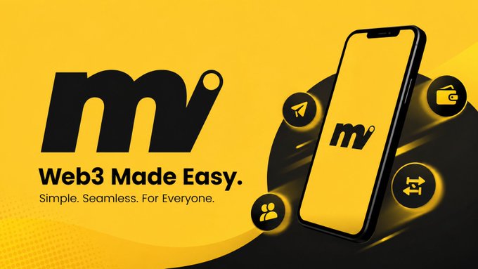 A promotional banner for the 'M' app featuring a smartphone, the slogan 'Web3 Made Easy. Simple. Seamless. For Everyone.', and icons for paper planes, wallets, exchanges, and contacts.
