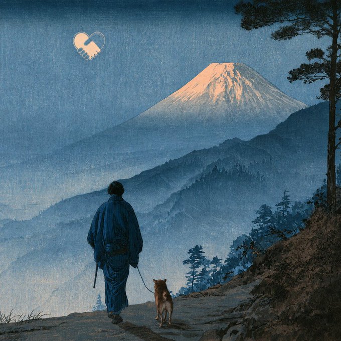 An illustration of a person in a blue robe walking a dog toward Mount Fuji, with a small handshake-heart icon in the sky.