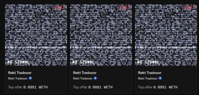 Three identical NFT listings for "Rekt Tradooor" show TV static "NO SIGNAL" images, each with a top offer of 0.0881 WETH.