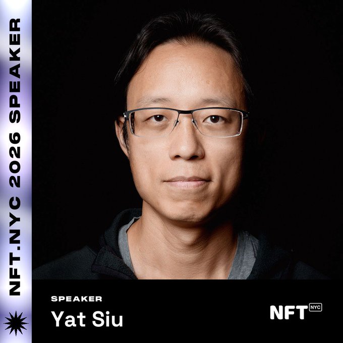 A speaker promotional graphic for NFT.NYC 2026 features a portrait of Yat Siu, with text along the left side reading "NFT.NYC 2026 SPEAKER" and his name displayed at the bottom, promoting his appearance at the event where he will discuss Animoca Brands and fintech industry developments.
