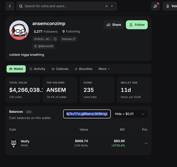 The image shows a wallet profile for user "ansemonzimp" (X handle @blknoiz06) with a total value of $4,266,038, holding 235 coins primarily in ANSEM (76.4% of wallet), and a notable holding in Wolfy worth $968.74. The profile's bio "coldest nigga breatheth" and the highlighted wallet address "8Jkv17xLg8Ramzr3K9Kng..." support the post's claim about blknoiz06 joining the "wolf pack," as evidenced by their $968.74 position in the Wolfy memecoin.