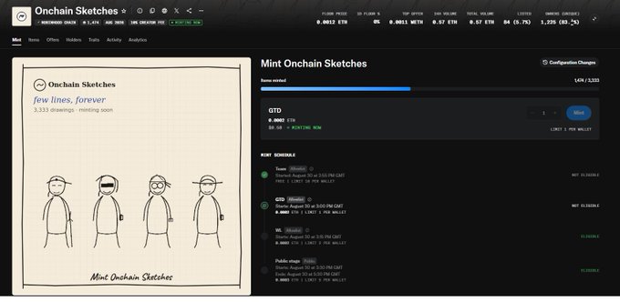 A screenshot of an 'Onchain Sketches' NFT mint page showing a digital drawing of four stick figures, with 1,474/3,333 tokens minted and a price of 0.0001 ETH.