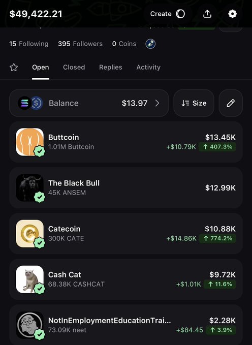A screenshot of a crypto portfolio worth $49,422.21 displaying five meme coin positions: Buttcoin ($13.45K, +407.3%), The Black Bull ($12.99K), Catecoin ($10.88K, +774.2%), Cash Cat ($9.72K), and NotInEmploymentEducationTraining ($2.28K). The image visually backs up the post's claim of a "sendy" portfolio with massive gains on memecoins, though the 10x overnight upside prediction appears overly optimistic given the substantial existing profits already booked.