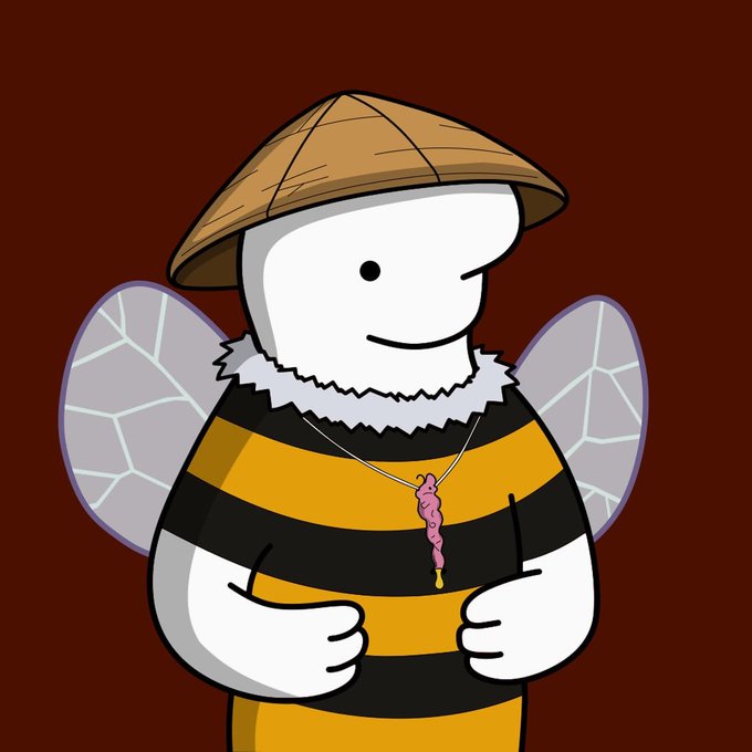 A cartoon character resembling a white blob wearing a conical straw hat and a yellow and black striped bee costume with translucent wings and a fuzzy white collar.