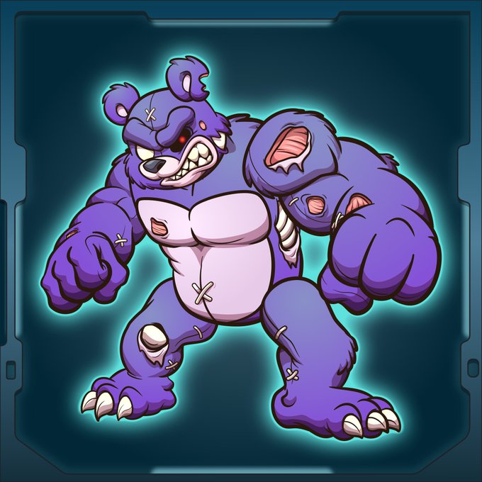 A menacing purple bear character with glowing red eyes, exposed musculature, and stitched wounds, depicted in a powerful stance as it appears to be a monstrous mascot or character design. The illustration showcases a fierce, combat-ready anthropomorphic bear with sharp claws and bared teeth, fitting the post's description of "Dead Eye" as the tough tank character in the upcoming book and game.