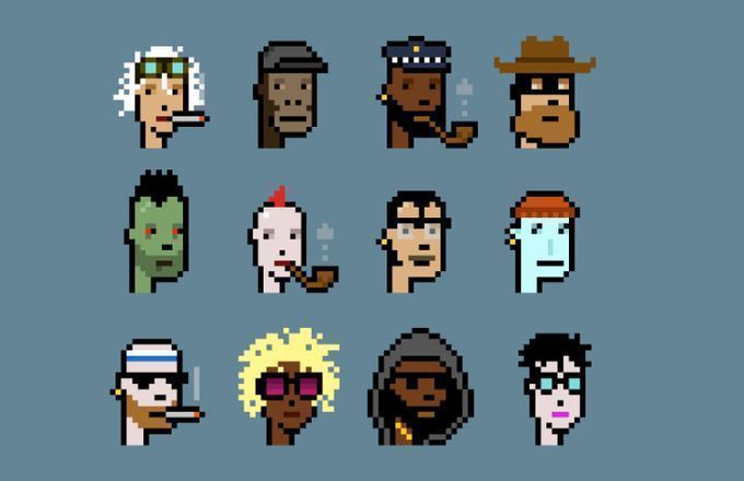 A collection of twelve pixel art CryptoPunk characters is arranged in a grid against a gray-blue background, featuring diverse attributes like wild white hair, hats, pipes, and sunglasses.