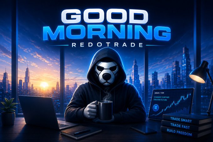 A promotional graphic reads 'GOOD MORNING REDOTRADE' above a hooded figure in a panda mask holding a mug, with a city skyline at sunset behind them and a laptop showing a trading chart; stacked books display 'TRADE SMART, TRADE FAST, BUILD FREEDOM.'