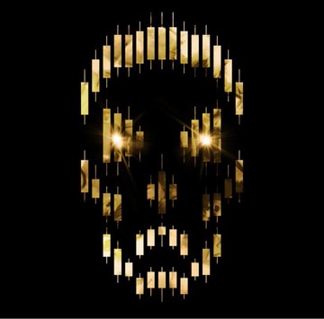 A pixelated golden skull on a black background with bright glowing eyes, representing the ScandlesNFT project. The candlestick skull imagery directly reflects the project's fusion of financial chart elements with skull art, visually tying into the post's call for the NFT collection to make a comeback.
