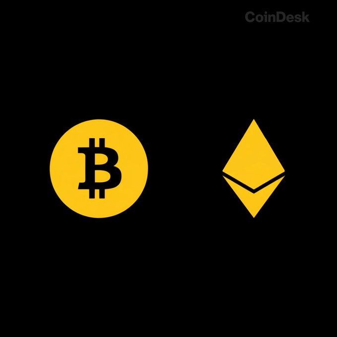 The image displays the Bitcoin (BTC) and Ethereum (ETH) logos in yellow on a black background, with the CoinDesk logo in the top right corner. The visual pairs the two cryptocurrencies featured in the article about contrasting ETF flows—U.S. spot Bitcoin ETFs seeing $225M in outflows while Ethereum ETFs gained $26.32M in inflows on July 23.