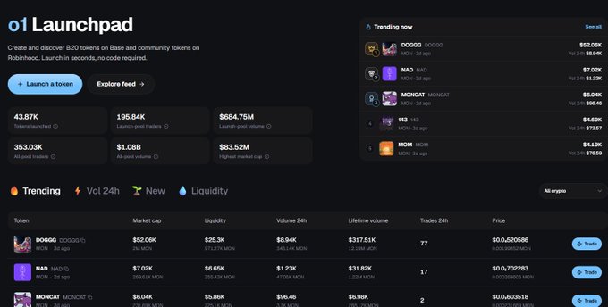 A screenshot of the o1 Launchpad website on Base network, displaying trending memecoins like DOOGG, NAD, MONCAT, 143, and MOM with their market caps, liquidity, and trading buttons.