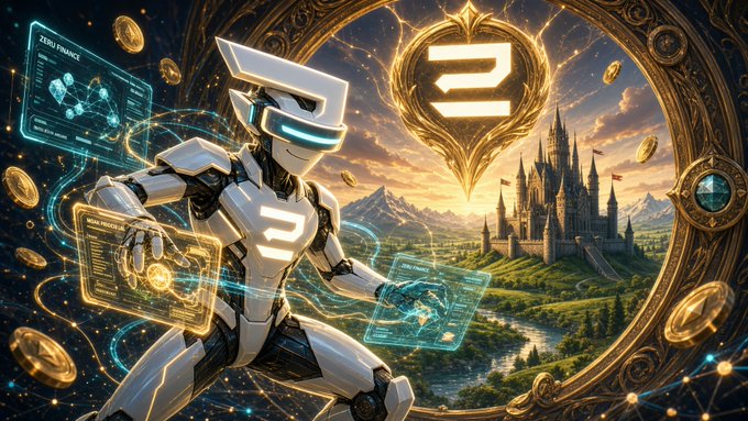 A futuristic robot gestures with holographic panels and coins around it, with a large stylized “2” emblem above a castle landscape.