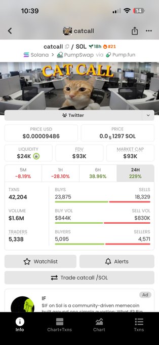 Screenshot of a memecoin trading page for 'catcall' on Solana via PumpSwap/Pump.fun, showing a price of $0.00009486, market cap of $93K, and notable metrics of -8.19% (5M), -28.10% (1H), and +229% (24H), featuring a meme image of a cat in an office.