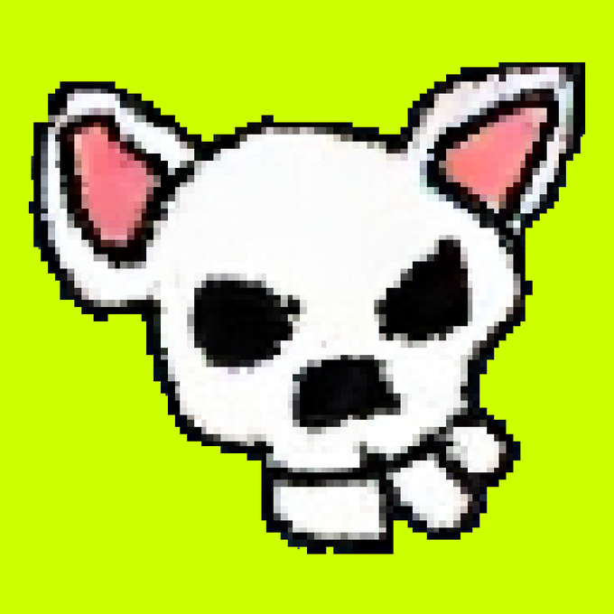 A pixelated cartoon illustration of a white chihuahua dog with large black eyes and pink ears on a yellow-green background.