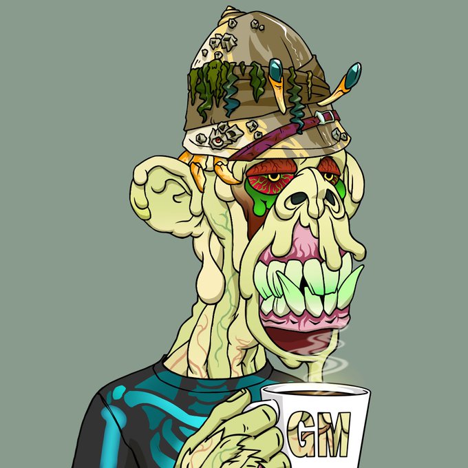 A cartoon illustration of a grotesque, zombie-like creature with a bucket hat, large teeth, and oozing sores, holding a mug labeled 'GIM'.