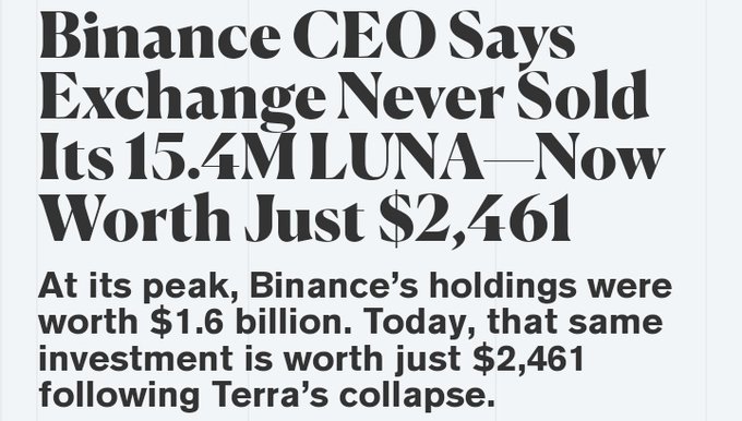 The image is a headline stating "Binance CEO Says Exchange Never Sold Its 15.4M LUNA—Now Worth Just $2,461," with a subheading noting that Binance's holdings once peaked at $1.6 billion before Terra's collapse.

This image relates to the post by illustrating the extreme risk of holding LUNA-related tokens like LUNC—showcasing how Binance's 15.4 million LUNA holdings lost virtually all value (from $1.6 billion to $2,461), undermining the optimism that LUNC will "moon" again.