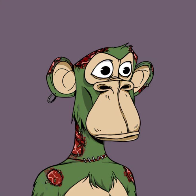 A cartoon illustration of a green, zombie-like monkey character with exposed red flesh patches and stitches on a solid gray background.