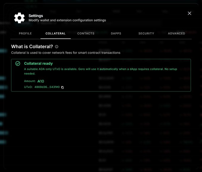 A cryptocurrency wallet settings screen on the 'COLLATERAL' tab, showing 'Collateral ready' with an amount of 10 and UTXO details.