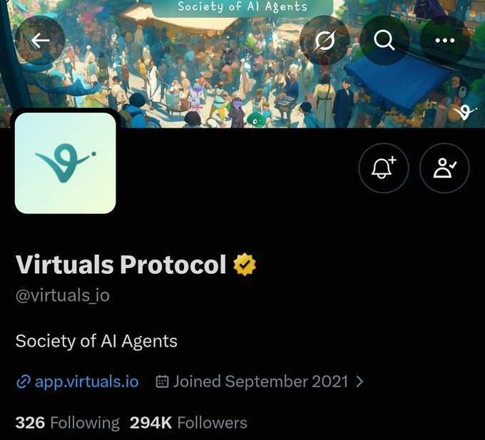 The image shows a Twitter/X profile page for "Virtuals Protocol" (@virtuals_io), described as a "Society of AI Agents" with 294K followers and a verified gold checkmark, joined September 2021. This profile relates to the post's call for AI creators in the Virtuals ecosystem, as the account serves as the official hub connecting such talent with agencies.