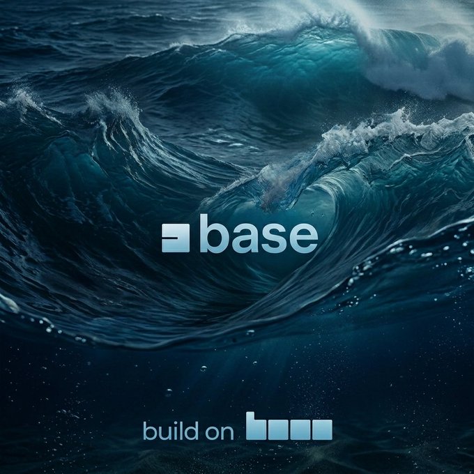 The image shows a large wave crashing against the shore, with the word "base" written above it. Below the wave, there's text that reads "Build on @base mainnet it's no longer just news it's a transformation". The caption below the image explains that Base completed its first independent upgrade to the @base mainnet, which includes three fundamental changes: the withdrawal times dropped from several days to 1 day, and the focus on what is in the image.