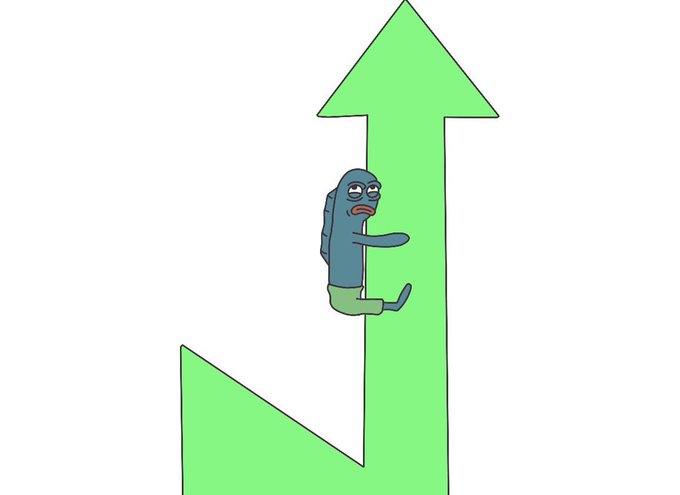 A cartoon illustration of a sad-looking blue fish character in green pants clinging desperately to a large green upward-pointing arrow.