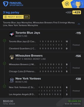 The image displays a FanDuel Sportsbook screenshot of a winning 3-leg moneyline parlay on the Blue Jays (-115), Brewers (-156), and Yankees (-138), turning a $500 wager into a $2,649.39 payout, fitting the post's call to share winning Thursday bets.