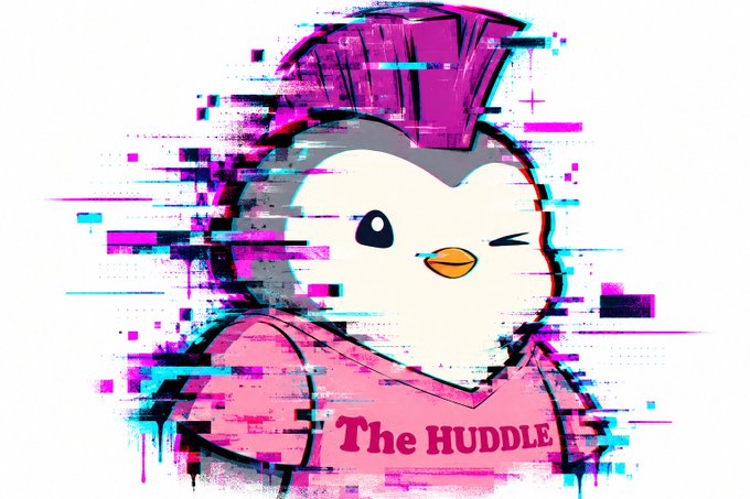 A stylized digital illustration of a penguin wearing a pink mohawk and pink shirt, featuring glitch art effects and the text "The HUDDLE" on its shirt.