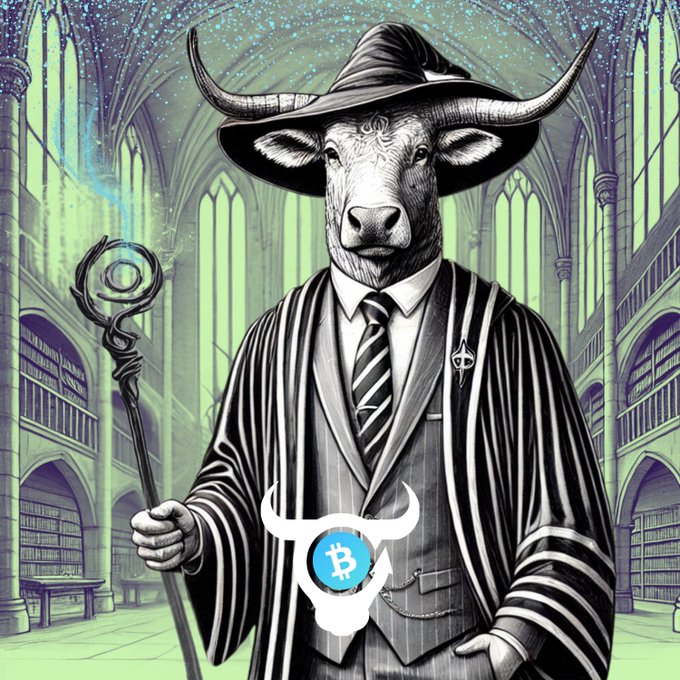 An illustration of a bull-headed figure in a wizard's hat and striped robe holding a staff, with a Bitcoin logo superimposed on its chest, set in a gothic library.
