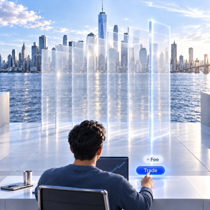 A man sits at a desk viewing a trading interface with glass panels overlooking a city skyline, pressing a blue "Trade" button marked "+ Fee."