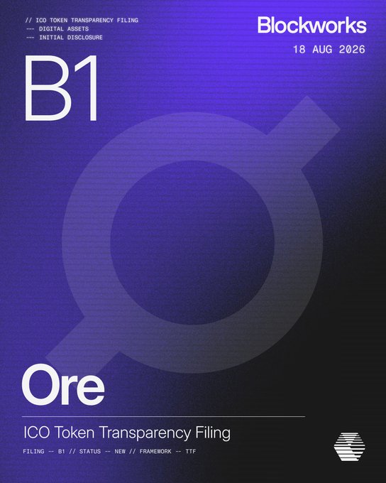 A Blockworks ICO Token Transparency Filing document cover page dated 18 AUG 2026 for a project called 'Ore' with filing status B1 / NEW under the TTF framework.