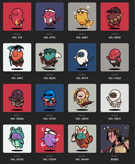 A grid of 16 collectible character NFT cards labeled 'BEANZ' and 'AZUKI' with various numbers, featuring different colored blob characters in various outfits.