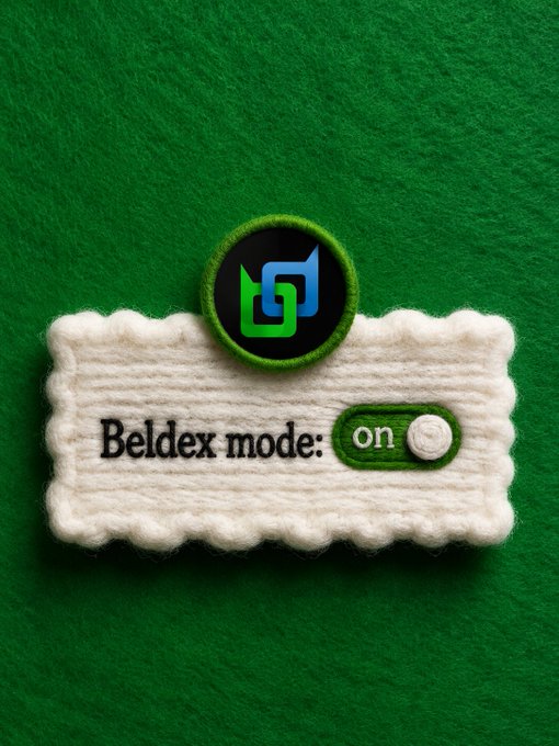 A digital graphic featuring a circular logo above a white fabric label that reads 'Beldex mode:' with a toggle switch set to 'on', set against a green textured background.