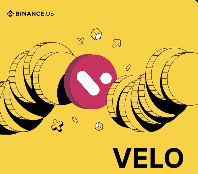 Binance.US promotional graphic featuring the VELO token logo centered between two stacks of coins on a yellow background, with the Binance.US logo in the top-left and "VELO" displayed in large black text at the bottom right, visually announcing the token's deposit availability launch on the platform.