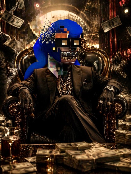 A blue, blocky Sonic-like character wearing pixelated sunglasses and a black suit adorned with gold chains and rings sits on an ornate throne surrounded by stacks of cash and floating dollar bills, channeling a "crypto king" aesthetic. The phrase "GM GM CT! WE ARE R3ORDR" suggests this image is being used as a flex post celebrating a personal trading record, with the opulent, wealth-laden scene symbolizing the poster's crypto market success.