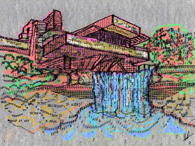 An artistic mixed-media illustration of Frank Lloyd Wright's Fallingwater house, rendered in pink, green, and blue colors over a newspaper-text background.