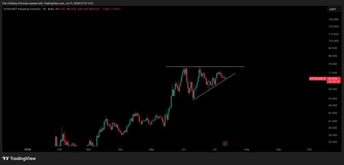 A TradingView chart of the Hyperliquid (HYPEUSD) Perpetual Contract shows price action in an ascending triangle pattern, with a horizontal resistance line near $66,400 marked as HYPEUSD 66,405, and an upward-sloping trendline supporting higher lows since June, illustrating the "ascending triangle still in motion" noted in the post.