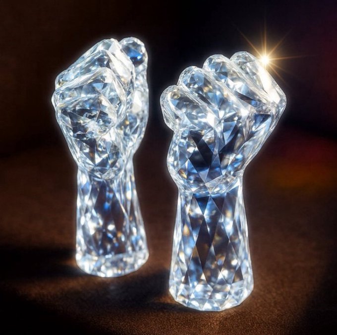 Two crystal sculpted hands, one clenched into a fist and the other with fingers curled inward, stand on a dark surface catching the light.