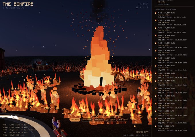 A screenshot of a virtual 'Bonfire' event from the 'long forum' showing a pixelated fire surrounded by audience members, with a live chat feed on the right.