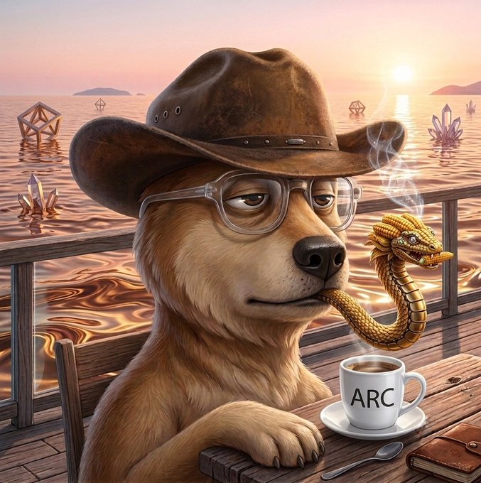 Artistic illustration of a dog wearing a cowboy hat and glasses, smoking a snake from a pipe, with a coffee cup labeled 'ARC' on a wooden table overlooking a sunset ocean with floating crystals.