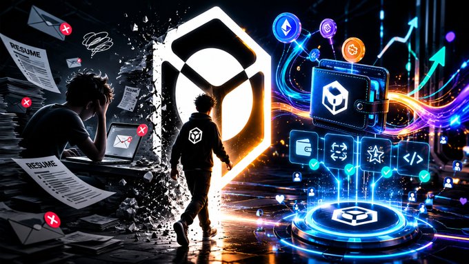 A person walks through a shattered wall of "RESUME" rejections toward a glowing, futuristic wallet and on-chain credentials hub branded with the Nucleus (N) logo, symbolizing the shift from traditional résumé-based hiring to on-chain reputation. Surrounding icons—crypto logos, a wallet, star ratings, and code brackets—reinforce the message that sign-in and wallet history replace endless applications and referrals.
