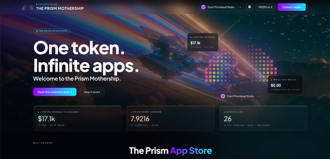 A screenshot of The Prism Mothership website with the headline 'One token. Infinite apps.' showing stats like $17.1k Lifetime Revenue to Holders and 7,921 PRISM Burnt Forever.